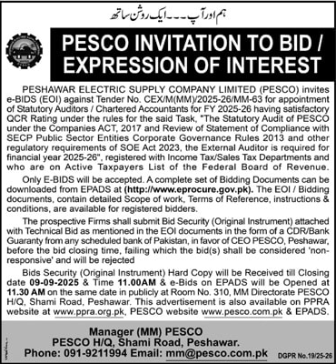 PESCO Peshawar Tender Notice